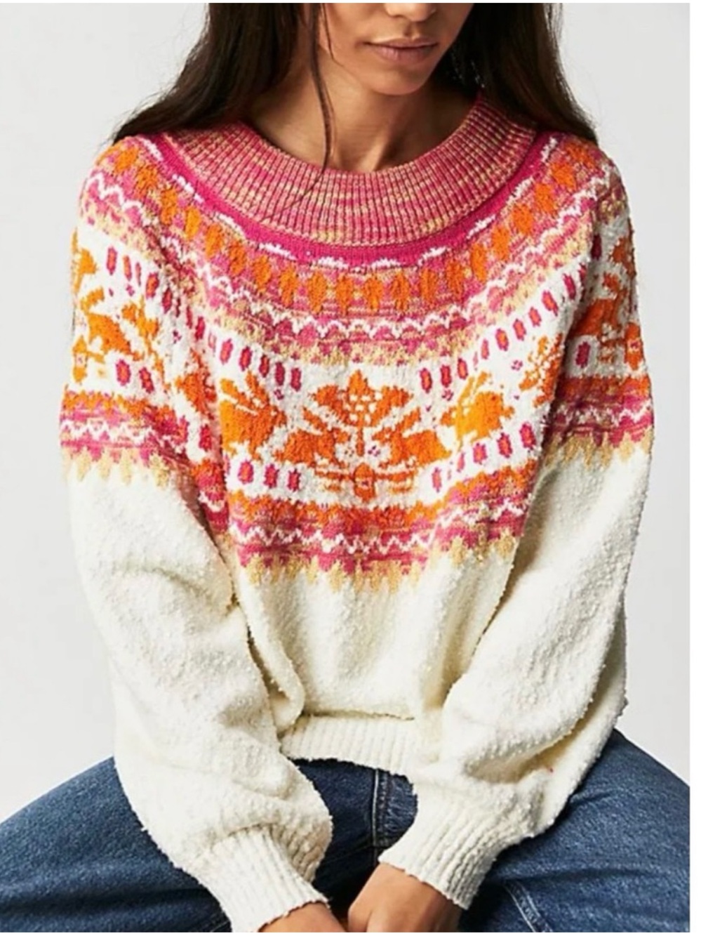Free People Women’s Medium Nellie Pink Orange Fair Isle Pullover Rabbit Sweater